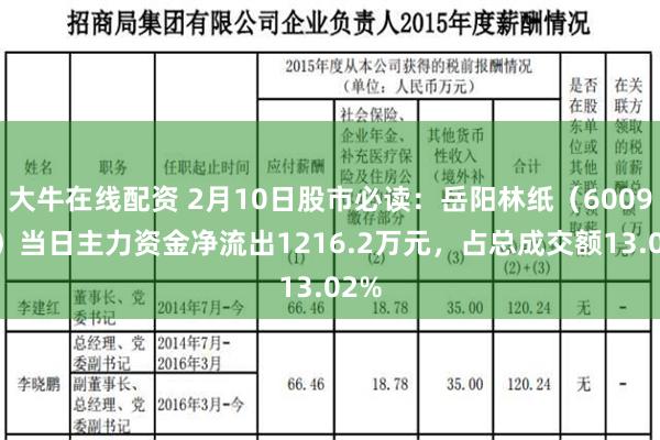 大牛在线配资 2月10日股市必读：岳阳林纸（600963）当日主力资金净流出1216.2万元，占总成交额13.02%